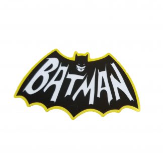 Adam West Batman logo with a bat looking design with "Batman" written across the wing span and a Batman face where the head is