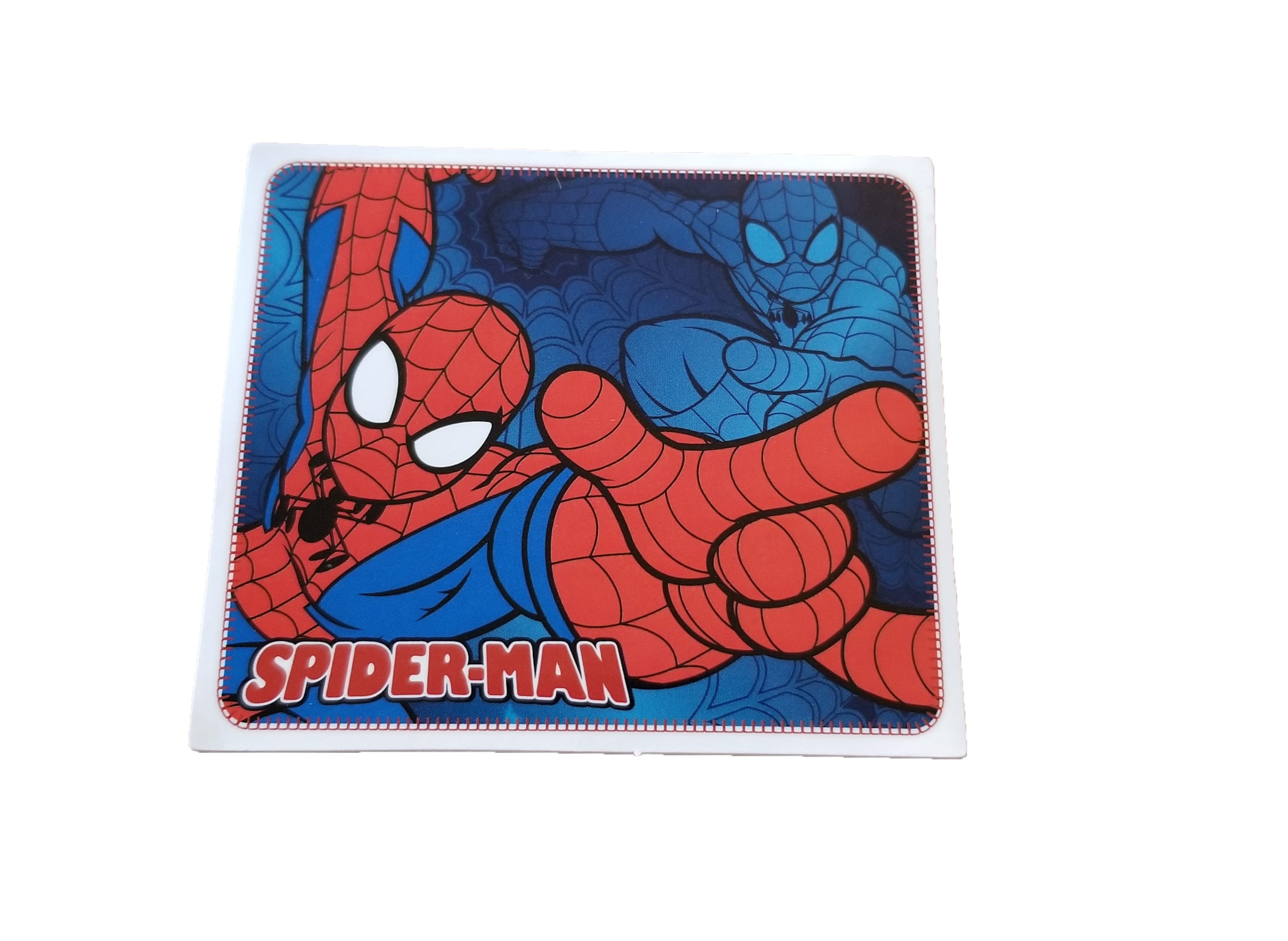 Rectangular Spiderman sticker with Spiderman aiming his shooting hand, blue background also has Spiderman blended into it with Spidey aiming in different position
