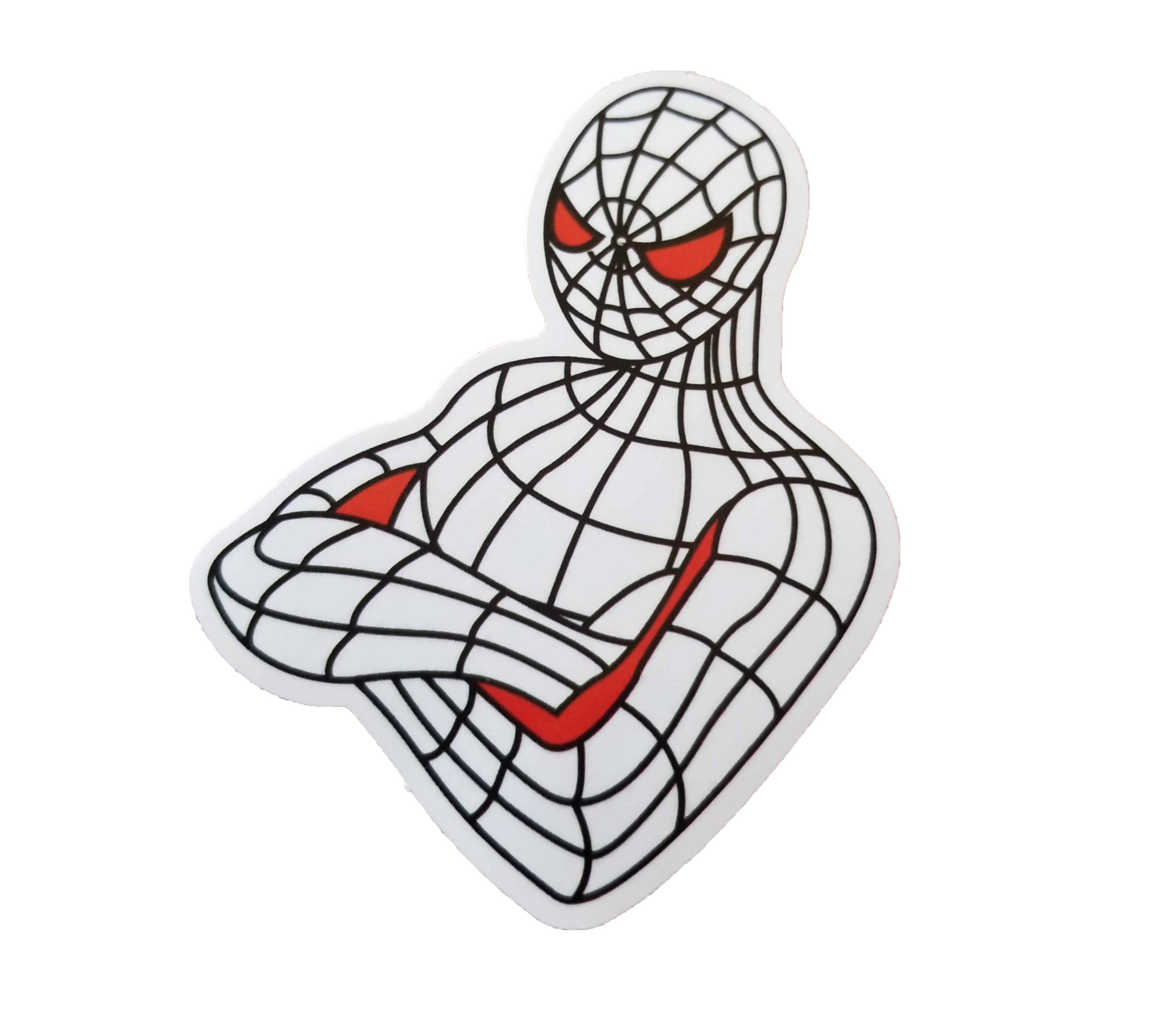 White and red Spiderman, Spidey has red eyes and a bit of red on his folded arms. The rest of Spiderman's suit is white