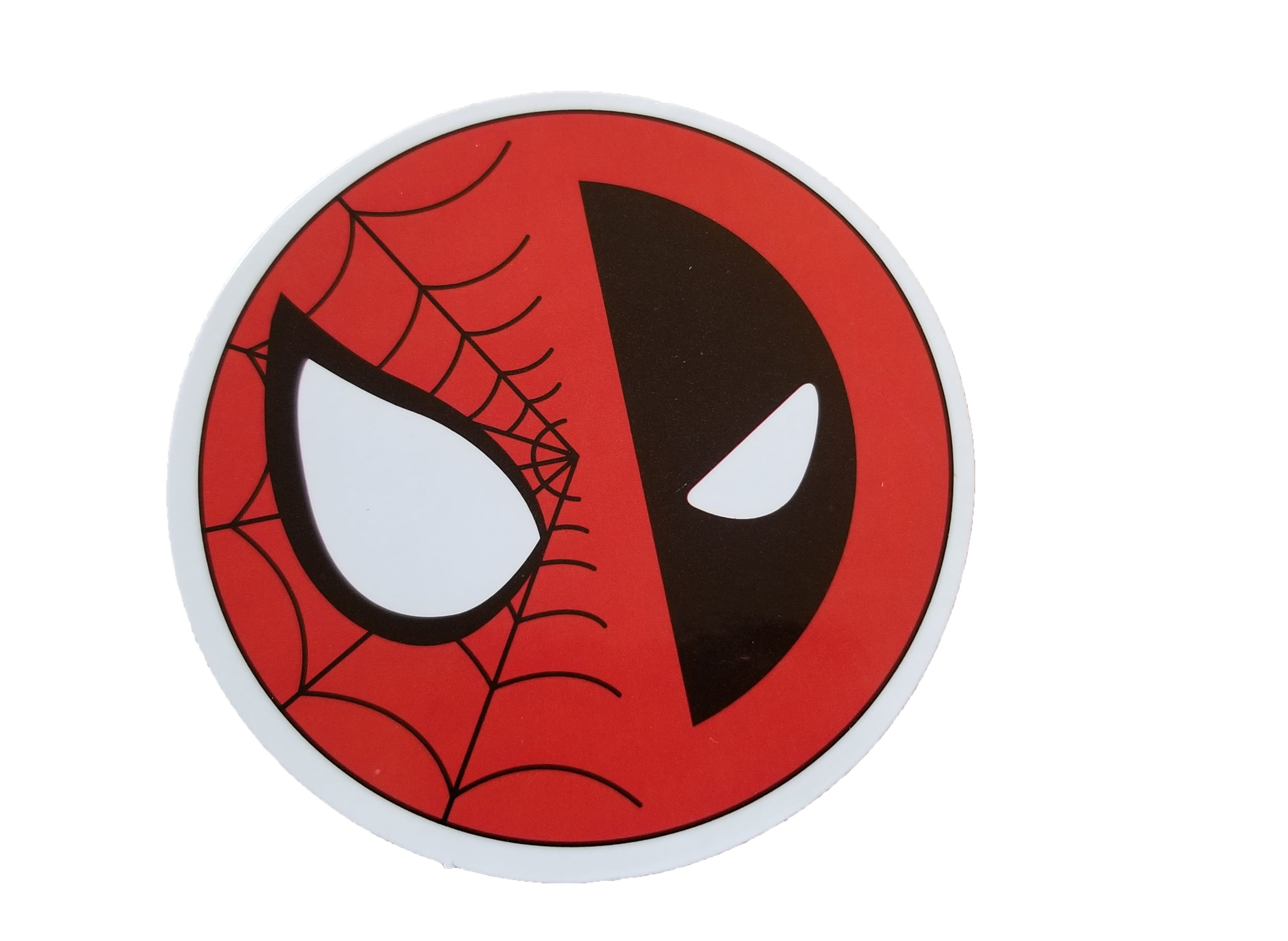 round spiderman-deadpool sticker, half face of spiderman, half face of deadpool