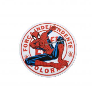 Round Força Independente Spiderman Sticker. White background with Força logo in red letters.